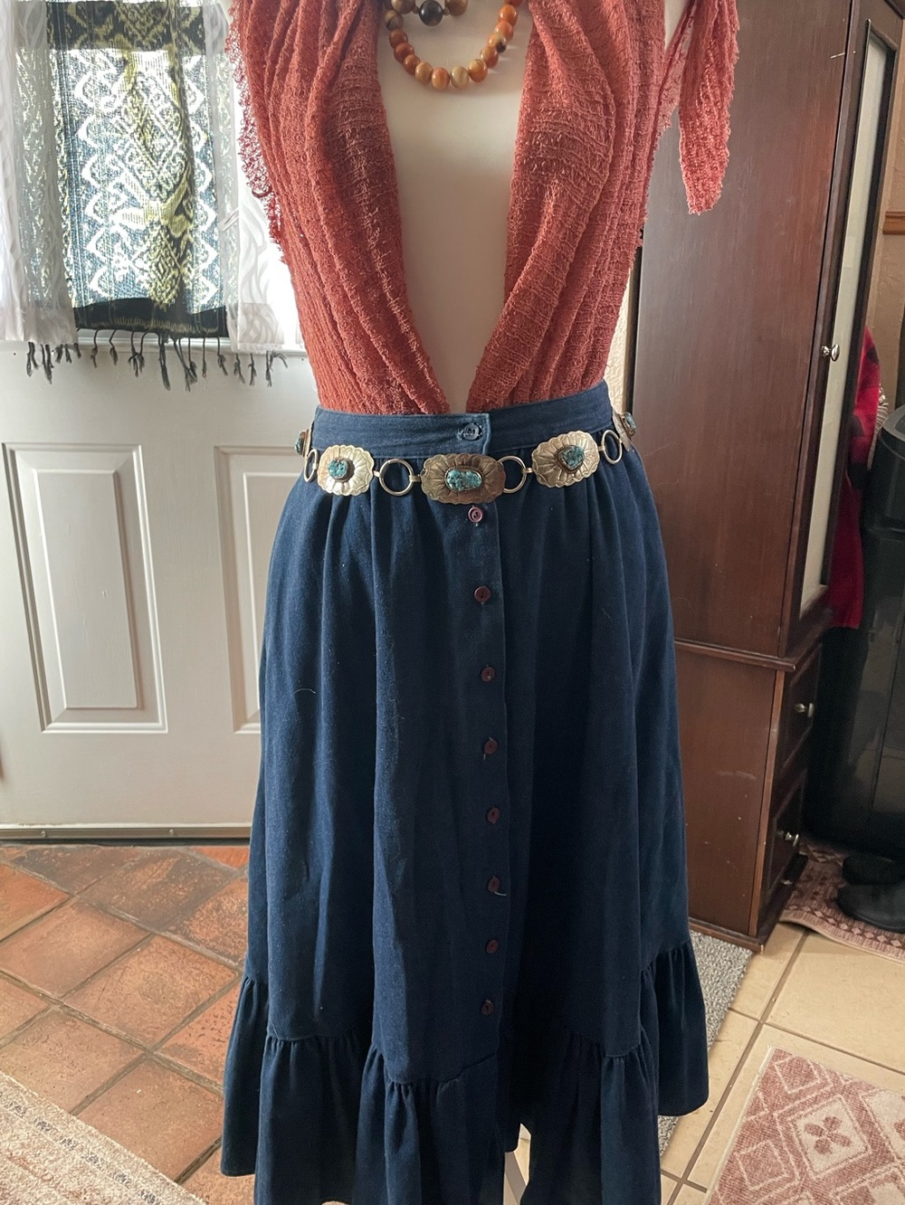Vintage 80s Ultimate Denim Jean Festival Skirt Button Boho Ruffle Western Midi